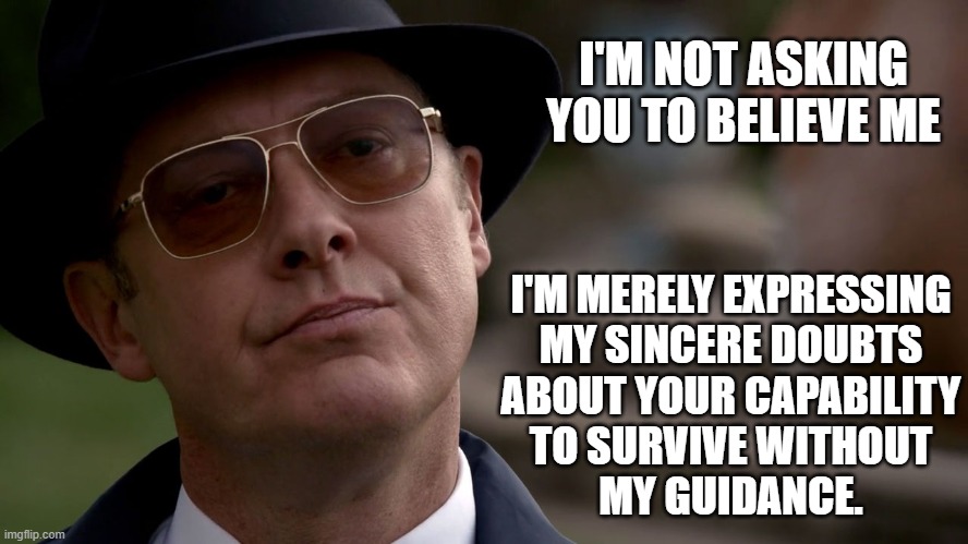 Reddington not happy | I'M NOT ASKING YOU TO BELIEVE ME; I'M MERELY EXPRESSING
MY SINCERE DOUBTS
ABOUT YOUR CAPABILITY
TO SURVIVE WITHOUT
MY GUIDANCE. | image tagged in reddington not happy,blacklist,tv,television series | made w/ Imgflip meme maker