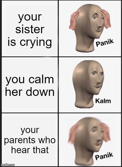 Panik Kalm Panik | your sister is crying; you calm her down; your parents who hear that | image tagged in memes,panik kalm panik | made w/ Imgflip meme maker
