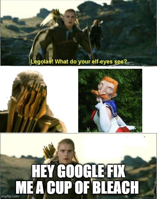 Legolas Elf Eyes | HEY GOOGLE FIX ME A CUP OF BLEACH | image tagged in legolas elf eyes | made w/ Imgflip meme maker