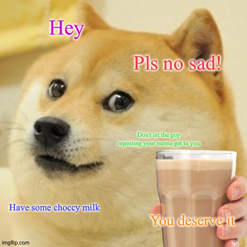 Have a nice day everyone! | Hey; Pls no sad! Don't let the guy reposting your meme get to you; Have some choccy milk; You deserve it | image tagged in memes,funny,doge,choccy milk,dogs,animals | made w/ Imgflip meme maker