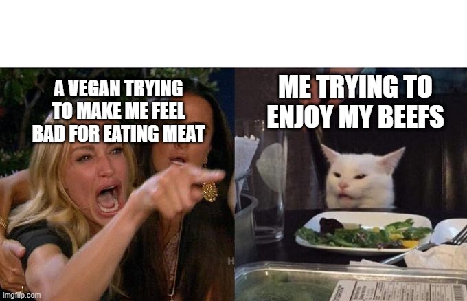 beefs | ME TRYING TO ENJOY MY BEEFS; A VEGAN TRYING TO MAKE ME FEEL BAD FOR EATING MEAT | image tagged in memes,woman yelling at cat,kitty | made w/ Imgflip meme maker