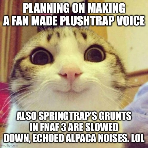 Smiling Cat Meme | PLANNING ON MAKING A FAN MADE PLUSHTRAP VOICE; ALSO SPRINGTRAP'S GRUNTS IN FNAF 3 ARE SLOWED DOWN, ECHOED ALPACA NOISES. LOL | image tagged in memes,smiling cat | made w/ Imgflip meme maker