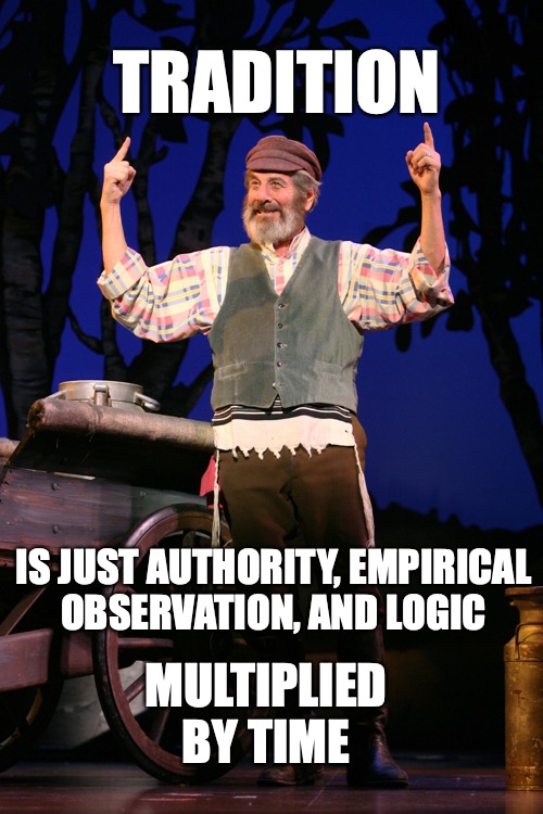 Tradition is just the democracy of the dead? No. | TRADITION; IS JUST AUTHORITY, EMPIRICAL
OBSERVATION, AND LOGIC; MULTIPLIED BY TIME | image tagged in tradition,fiddler on the roof,post-modern,history | made w/ Imgflip meme maker