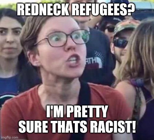 Angry Liberal | REDNECK REFUGEES? I'M PRETTY SURE THATS RACIST! | image tagged in angry liberal | made w/ Imgflip meme maker