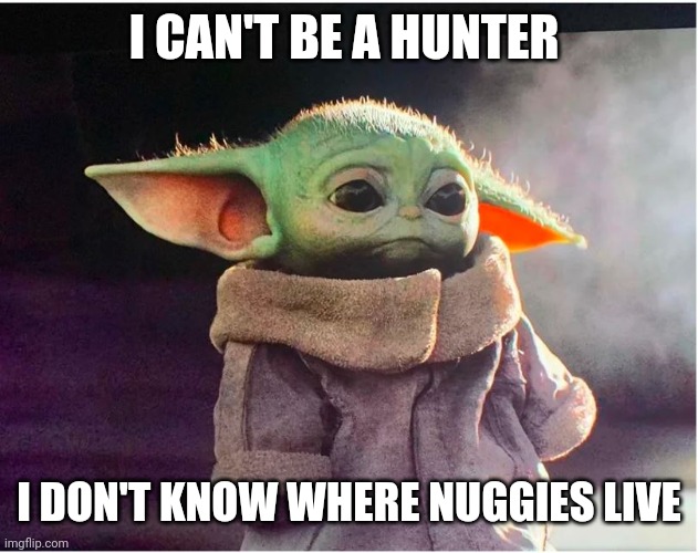 Bsby Yoda nuggies | I CAN'T BE A HUNTER; I DON'T KNOW WHERE NUGGIES LIVE | image tagged in sad baby yoda | made w/ Imgflip meme maker