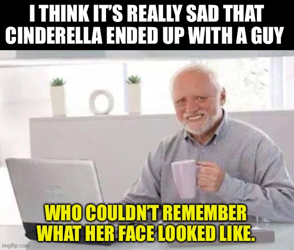 My eyes are up here! | I THINK IT’S REALLY SAD THAT CINDERELLA ENDED UP WITH A GUY; WHO COULDN’T REMEMBER WHAT HER FACE LOOKED LIKE. | image tagged in harold | made w/ Imgflip meme maker