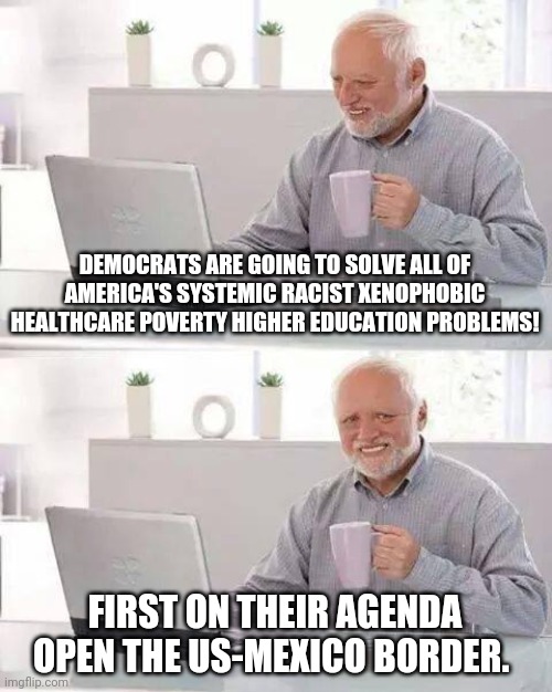 Can't argue with that logic! |  DEMOCRATS ARE GOING TO SOLVE ALL OF AMERICA'S SYSTEMIC RACIST XENOPHOBIC HEALTHCARE POVERTY HIGHER EDUCATION PROBLEMS! FIRST ON THEIR AGENDA OPEN THE US-MEXICO BORDER. | image tagged in memes,hide the pain harold,democrats,illegal immigration,health care | made w/ Imgflip meme maker