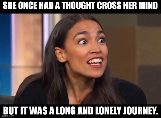 Thought | SHE ONCE HAD A THOUGHT CROSS HER MIND; BUT IT WAS A LONG AND LONELY JOURNEY. | image tagged in crazy aoc | made w/ Imgflip meme maker
