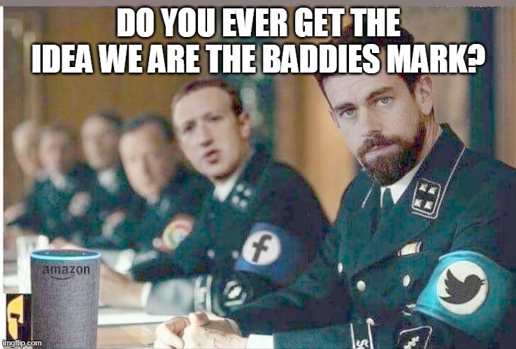 Twitter Facebook Google NAZI |  DO YOU EVER GET THE IDEA WE ARE THE BADDIES MARK? | image tagged in facebook twitter google nazi | made w/ Imgflip meme maker