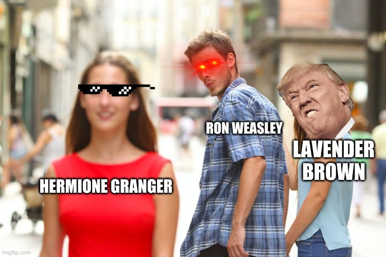 Distracted Boyfriend | RON WEASLEY; LAVENDER BROWN; HERMIONE GRANGER | image tagged in memes,distracted boyfriend | made w/ Imgflip meme maker