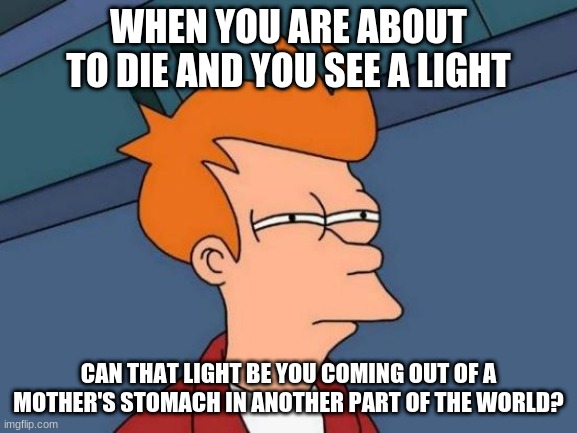 Think ab it | WHEN YOU ARE ABOUT TO DIE AND YOU SEE A LIGHT; CAN THAT LIGHT BE YOU COMING OUT OF A MOTHER'S STOMACH IN ANOTHER PART OF THE WORLD? | image tagged in memes,futurama fry,why_,funny,dank memes | made w/ Imgflip meme maker
