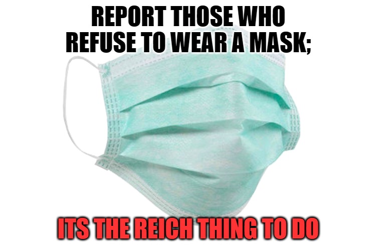 Face mask | REPORT THOSE WHO REFUSE TO WEAR A MASK;; ITS THE REICH THING TO DO | image tagged in face mask | made w/ Imgflip meme maker