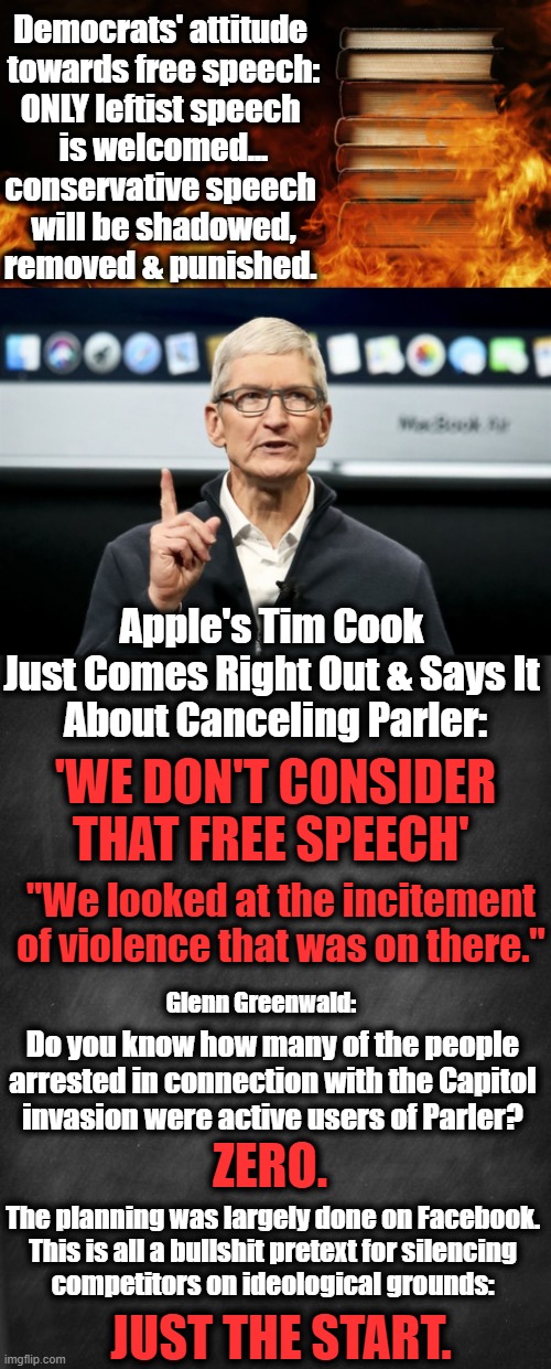Be Careful as the America Being Created is Very Controlled. Diversity is the Goal of the Left Yet Intellectual Diversity is Not  | Democrats' attitude 

towards free speech:

ONLY leftist speech 
is welcomed...
conservative speech 
will be shadowed, removed & punished. Apple's Tim Cook 
Just Comes Right Out & Says It 
About Canceling Parler:; 'WE DON'T CONSIDER THAT FREE SPEECH'; "We looked at the incitement of violence that was on there."; Glenn Greenwald:; Do you know how many of the people 
arrested in connection with the Capitol 
invasion were active users of Parler? ZERO. The planning was largely done on Facebook. 
This is all a bullshit pretext for silencing 
competitors on ideological grounds:; JUST THE START. | image tagged in politics,democratic socialism,freedom of speech,media control,social justice warriors,social media | made w/ Imgflip meme maker