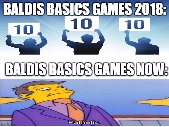 baldis basics now and then | BALDIS BASICS GAMES 2018:; BALDIS BASICS GAMES NOW: | image tagged in blank white template | made w/ Imgflip meme maker