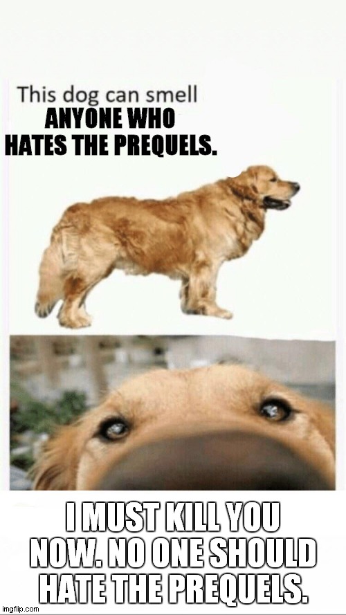 WHY DO SO MANY PEOPLE HATE THE PREQUELS?!?!?!?!?!?!?!? | ANYONE WHO HATES THE PREQUELS. I MUST KILL YOU NOW. NO ONE SHOULD HATE THE PREQUELS. | image tagged in this dog can smell,star wars prequels | made w/ Imgflip meme maker