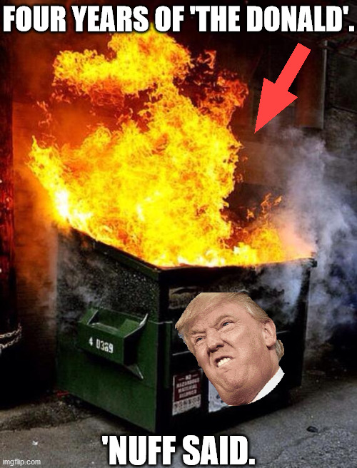 Dumpster Fire |  FOUR YEARS OF 'THE DONALD'. 'NUFF SAID. | image tagged in dumpster fire | made w/ Imgflip meme maker