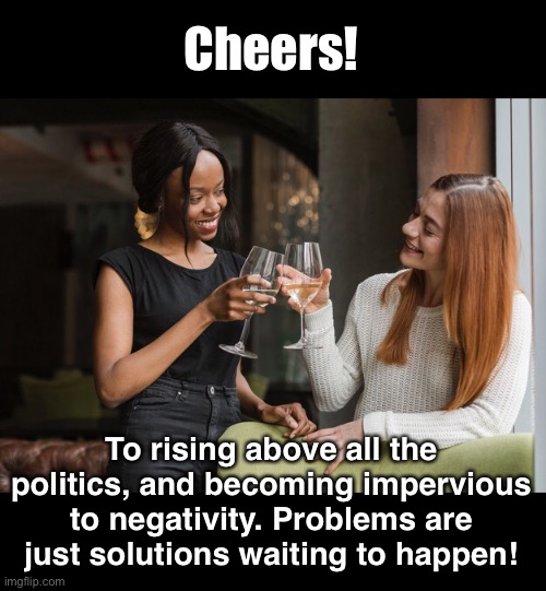 Cheers! To rising above all the politics, and becoming impervious to negativity. Problems are just solutions waiting to happen! | made w/ Imgflip meme maker