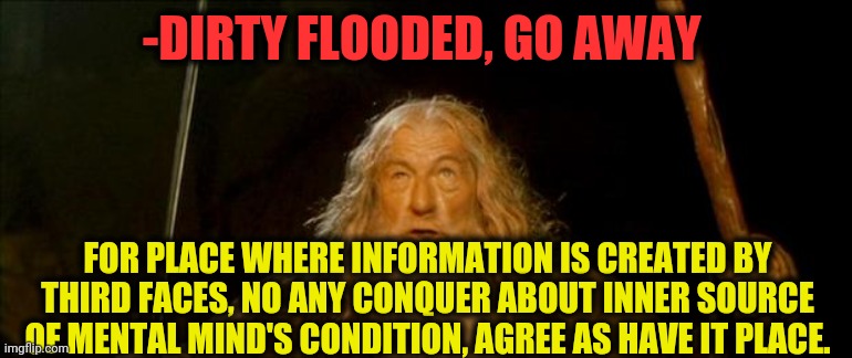 gandalf you shall not pass | -DIRTY FLOODED, GO AWAY FOR PLACE WHERE INFORMATION IS CREATED BY THIRD FACES, NO ANY CONQUER ABOUT INNER SOURCE OF MENTAL MIND'S CONDITION, | image tagged in gandalf you shall not pass | made w/ Imgflip meme maker