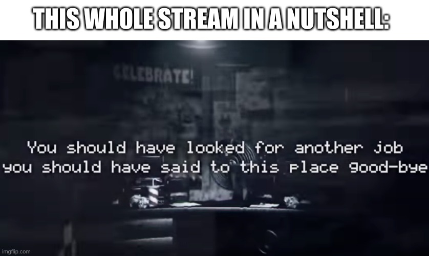 this says a lot... | THIS WHOLE STREAM IN A NUTSHELL: | image tagged in memes,funny,streams,in a nutshell,fnaf,lyrics | made w/ Imgflip meme maker