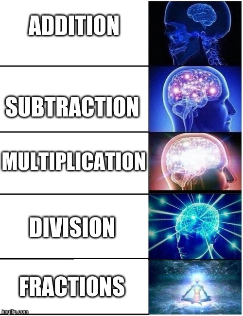 Expanding Brain 5 Panel | ADDITION; SUBTRACTION; MULTIPLICATION; DIVISION; FRACTIONS | image tagged in expanding brain 5 panel,math,expanding brain,big brain | made w/ Imgflip meme maker