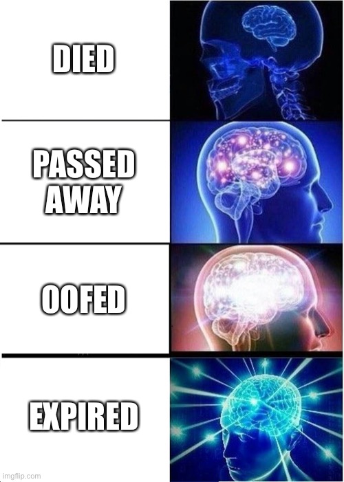 E |  DIED; PASSED AWAY; OOFED; EXPIRED | image tagged in memes,expanding brain | made w/ Imgflip meme maker