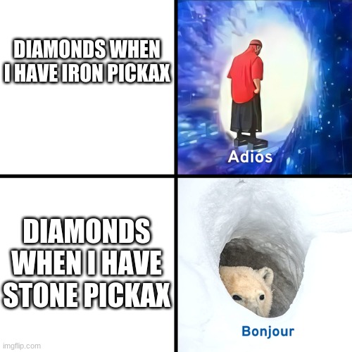 it's almost like it was on purpose... | DIAMONDS WHEN I HAVE IRON PICKAX; DIAMONDS WHEN I HAVE STONE PICKAX | image tagged in adios bonjour,minecraft,minecrafter | made w/ Imgflip meme maker