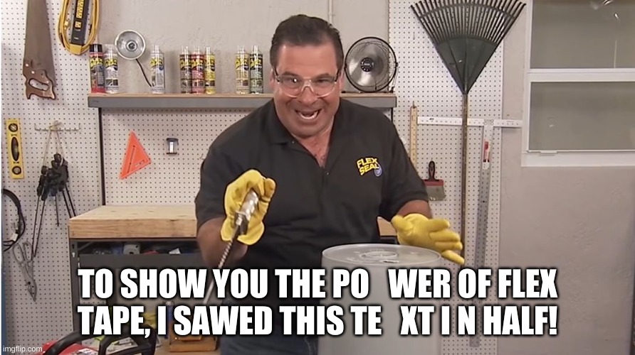 phil swift is a mad lad | TO SHOW YOU THE PO   WER OF FLEX TAPE, I SAWED THIS TE   XT I N HALF! | image tagged in memes,funny,phil swift,flex tape | made w/ Imgflip meme maker