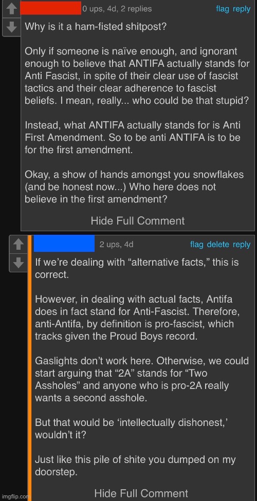 It’s all fun and games until someone tries to deny reality | image tagged in antifa,proud boys,fascism | made w/ Imgflip meme maker