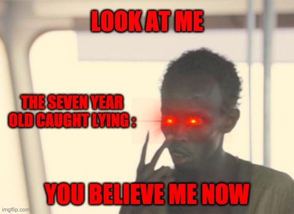 You believe me now... | LOOK AT ME; THE SEVEN YEAR OLD CAUGHT LYING :; YOU BELIEVE ME NOW | image tagged in memes,i'm the captain now | made w/ Imgflip meme maker