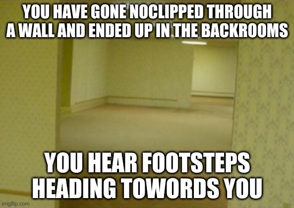 Idk I watched my friends play a game about this or something | YOU HAVE GONE NOCLIPPED THROUGH A WALL AND ENDED UP IN THE BACKROOMS; YOU HEAR FOOTSTEPS HEADING TOWORDS YOU | made w/ Imgflip meme maker