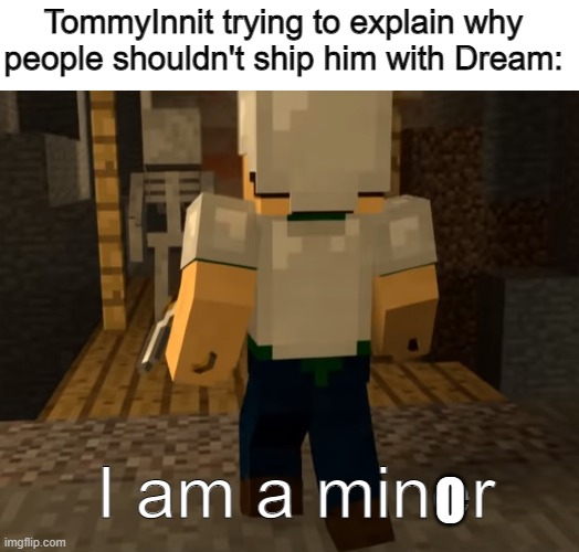TommyInnit trying to explain why people shouldn't ship him with Dream:; O; I am a miner | image tagged in minecraft,youtuber,dream,ship,youtube,parody | made w/ Imgflip meme maker