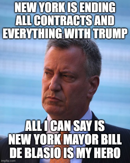 NY mayor Bill de Blasio | NEW YORK IS ENDING ALL CONTRACTS AND EVERYTHING WITH TRUMP; ALL I CAN SAY IS NEW YORK MAYOR BILL DE BLASIO IS MY HERO | image tagged in ny mayor bill de blasio | made w/ Imgflip meme maker