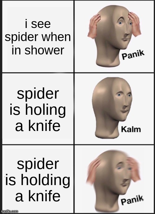 this lierally happened an hour ago | i see spider when in shower; spider is holing a knife; spider is holding a knife | image tagged in memes,panik kalm panik,spider | made w/ Imgflip meme maker