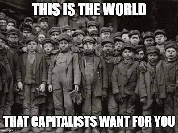 Child labor is one of the core tenets of capitalism | THIS IS THE WORLD; THAT CAPITALISTS WANT FOR YOU | image tagged in child labor,truth,facts,evil,exploitation | made w/ Imgflip meme maker