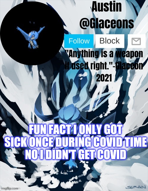 Glaceons | FUN FACT I ONLY GOT SICK ONCE DURING COVID TIME
NO I DIDN'T GET COVID | image tagged in glaceons | made w/ Imgflip meme maker
