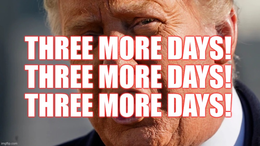 Three More Days Motherfcker! | THREE MORE DAYS!
THREE MORE DAYS!
THREE MORE DAYS! | image tagged in donald trump,don the con,three more days,deplorable donald,liar in chief,trump administration | made w/ Imgflip meme maker