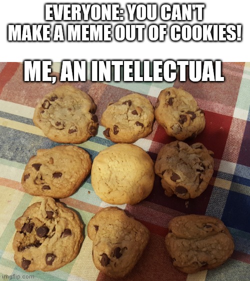 Tell me if I should make it a template. | EVERYONE: YOU CAN'T MAKE A MEME OUT OF COOKIES! ME, AN INTELLECTUAL | image tagged in blank white template,cookies,new memes | made w/ Imgflip meme maker