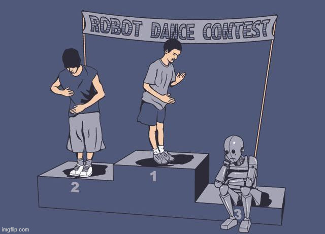 Robot loosing a robot contest... like a Geico commercial. | image tagged in comics/cartoons | made w/ Imgflip meme maker