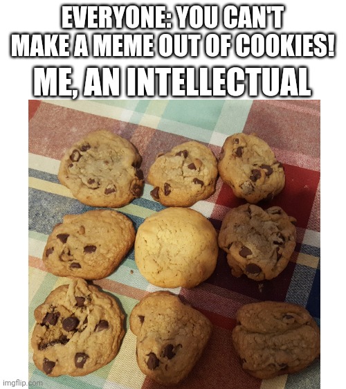 Tell me if I should make it a template. | EVERYONE: YOU CAN'T MAKE A MEME OUT OF COOKIES! ME, AN INTELLECTUAL | image tagged in blank white template,cookies,new memes | made w/ Imgflip meme maker