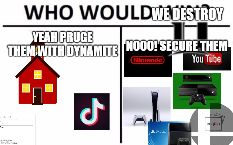 sorry for the spamming transparent imgs because i really have memeorys about them | WE DESTROY; YEAH PRUGE THEM WITH DYNAMITE; NOOO! SECURE THEM | image tagged in memes,who would win,video games,important videos,important | made w/ Imgflip meme maker