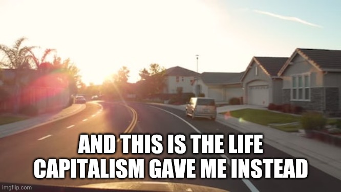 Suburban Morning | AND THIS IS THE LIFE CAPITALISM GAVE ME INSTEAD | image tagged in suburban morning | made w/ Imgflip meme maker