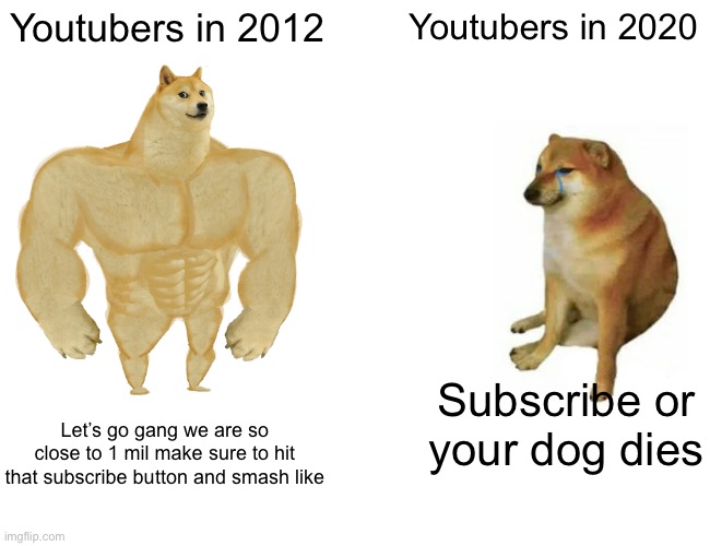 Buff Doge vs. Cheems | Youtubers in 2012; Youtubers in 2020; Subscribe or your dog dies; Let’s go gang we are so close to 1 mil make sure to hit that subscribe button and smash like | image tagged in memes,buff doge vs cheems,memes | made w/ Imgflip meme maker