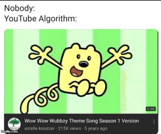 The YouTube algorithm | image tagged in youtube,wubbzy | made w/ Imgflip meme maker