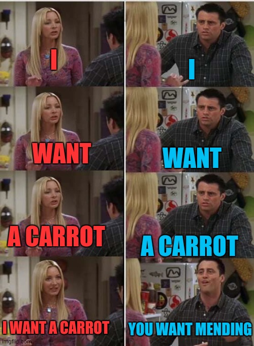 Friends Joey teached french | I WANT YOU WANT MENDING I A CARROT A CARROT I WANT A CARROT WANT | image tagged in friends joey teached french | made w/ Imgflip meme maker