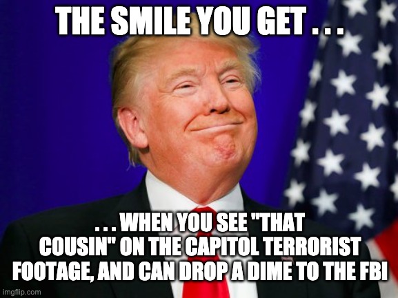 I think that deserves a piece of cake | THE SMILE YOU GET . . . . . . WHEN YOU SEE "THAT COUSIN" ON THE CAPITOL TERRORIST FOOTAGE, AND CAN DROP A DIME TO THE FBI | image tagged in trump smile,terrorist,loser,washington dc,capitol hill,failure | made w/ Imgflip meme maker