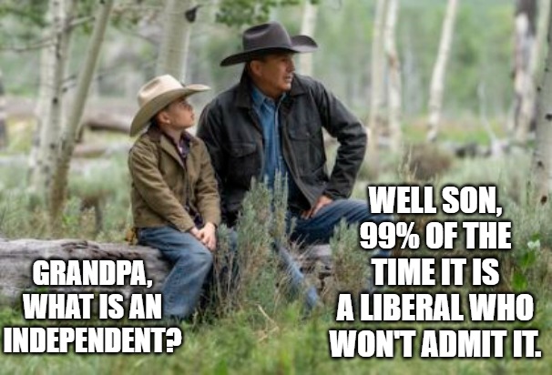 Independent Voter | WELL SON, 99% OF THE TIME IT IS A LIBERAL WHO WON'T ADMIT IT. GRANDPA, WHAT IS AN INDEPENDENT? | image tagged in independent,voter,liberal,funny | made w/ Imgflip meme maker