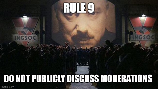 1984 | RULE 9; DO NOT PUBLICLY DISCUSS MODERATIONS | image tagged in 1984 | made w/ Imgflip meme maker