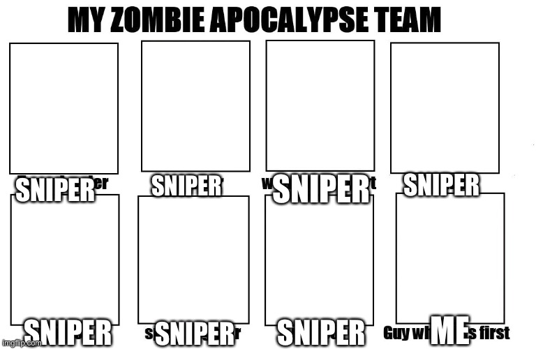 My Zombie Apocalypse Team | SNIPER; SNIPER; SNIPER; SNIPER; SNIPER; ME; SNIPER; SNIPER | image tagged in my zombie apocalypse team | made w/ Imgflip meme maker
