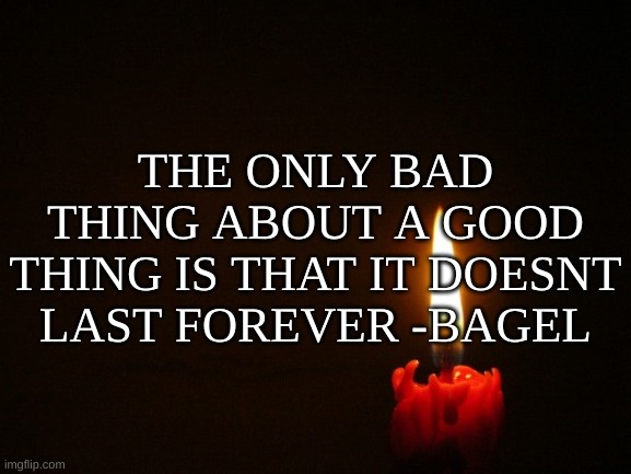 posting some deep quote then back to memes | THE ONLY BAD THING ABOUT A GOOD THING IS THAT IT DOESNT LAST FOREVER -BAGEL | image tagged in memes,funny,quotes,candle | made w/ Imgflip meme maker