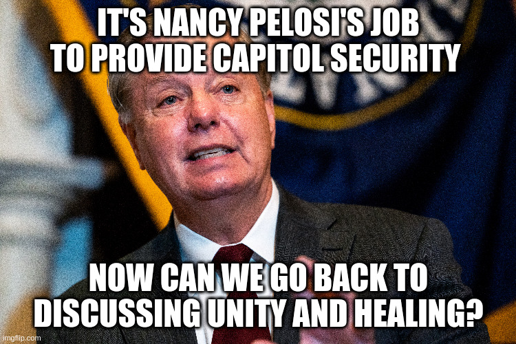 Sure Lindsey, after we investigate your phone calls trying to exclude ballots and false claims of voter fraud | IT'S NANCY PELOSI'S JOB TO PROVIDE CAPITOL SECURITY; NOW CAN WE GO BACK TO DISCUSSING UNITY AND HEALING? | image tagged in lindsey graham,unity and healing,humor,capitol hill insurrection,nancy pelosi | made w/ Imgflip meme maker